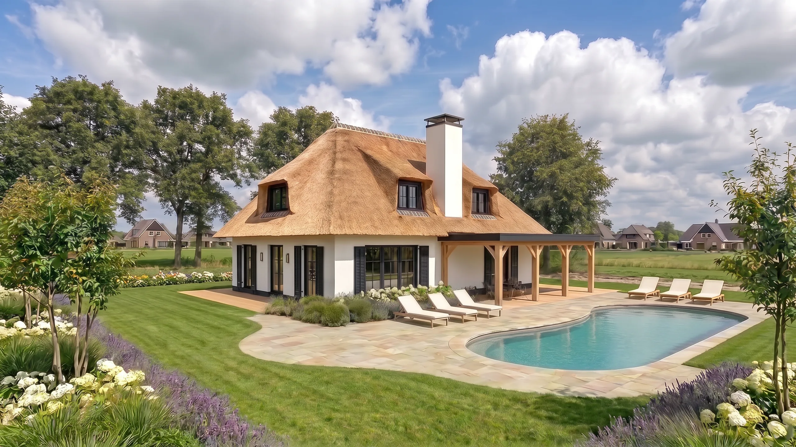 Een afgebouwde villa met een rieten kap, een witte gevel, zwarte luiken, een overdekt terras op eiken staanders en een zwembad in een tuin met borders vol hortensia en lavendel.