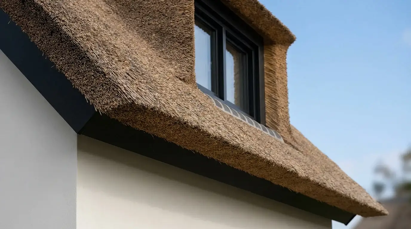 Close-up van een net gelegde rieten kap met een dakkapel met zwart kozijn en een stuk witte gevel.