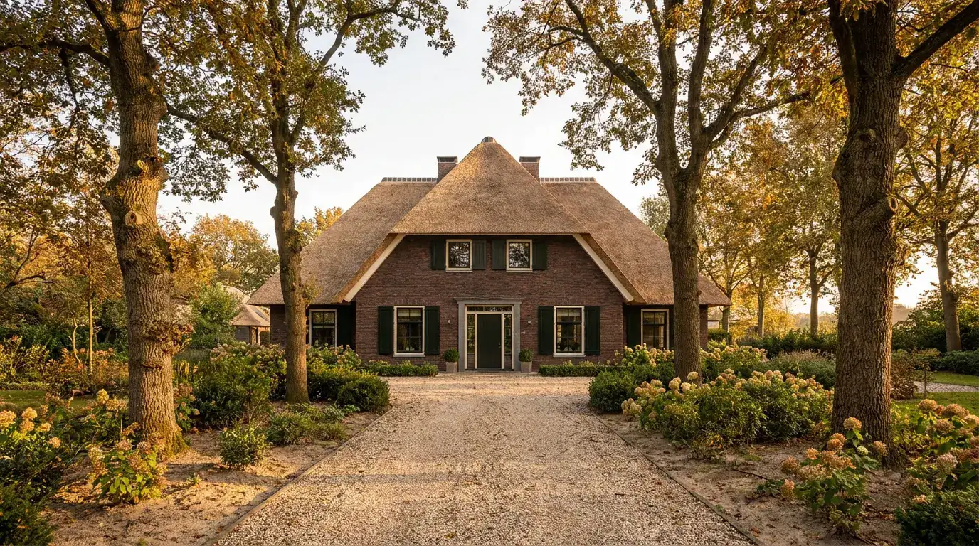 Landhuis met rieten kap, rode handvormsteen en groene luiken tussen oude eiken, met een grindpad ervoor.