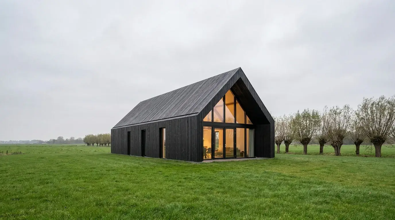 Zwart gebeitste schuurwoning met een glazen kopgevel in een weiland met knotwilgen.