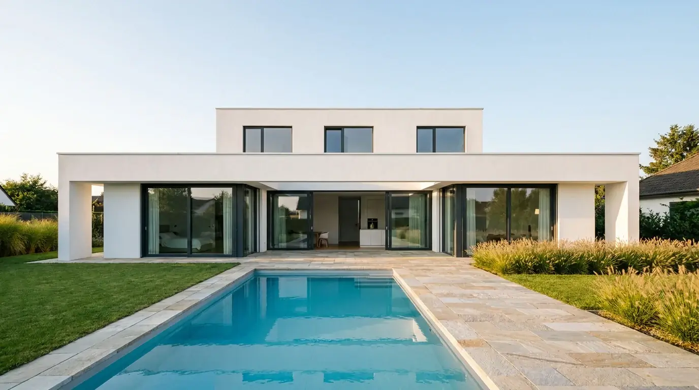 Witte villa met platte daken en glazen puien achter een lang zwembad met natuurstenen rand.