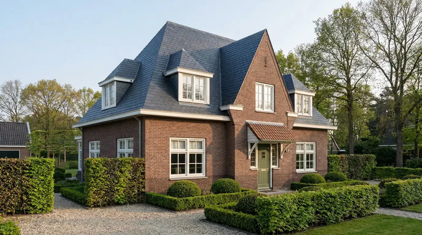 Bakstenen villa in jaren-dertigstijl met een leien dak, wit houtwerk en een groene voordeur achter beukenhagen.