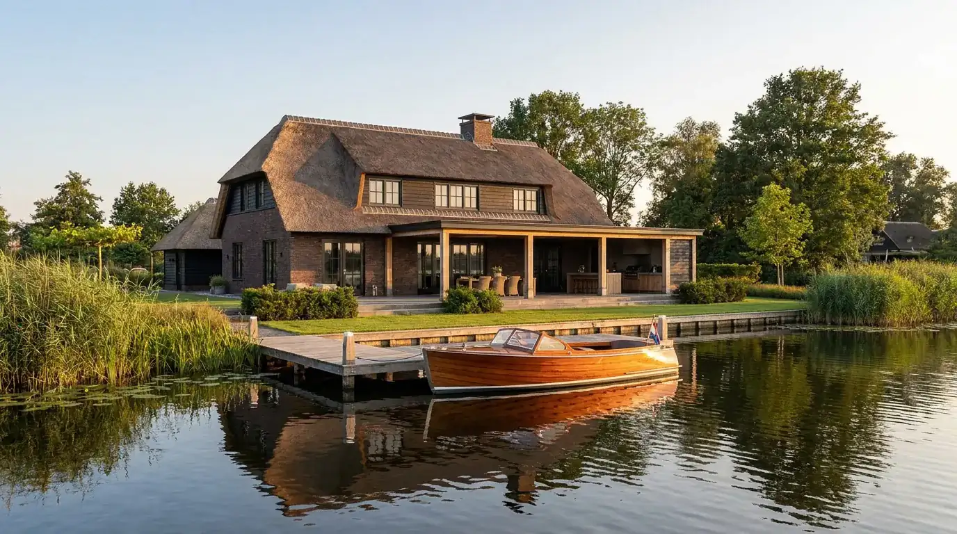 Waterwoning met rieten kap en donkere steen aan een plas, met een houten steiger en een klassieke sloep.