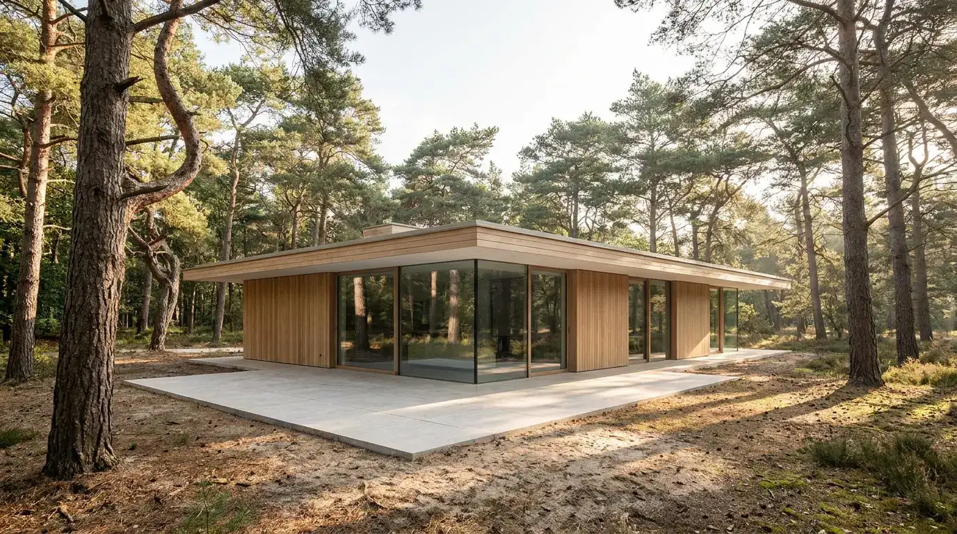 Laag paviljoenhuis met een gevel van licht eikenhout en grote glazen wanden tussen grove dennen.
